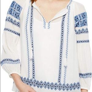 JOIE Blue and White Embroidered Blouse Sz XS